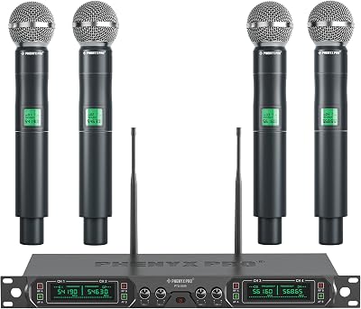 Phenyx Pro Wireless Microphone System, 4-Channel UHF Wireless Mic, Fixed Frequency Metal Cordless Mic with 4 Handheld Dynamic Microphones, 260ft Range, Mics for Singing, Church(PTU-5000-4H)