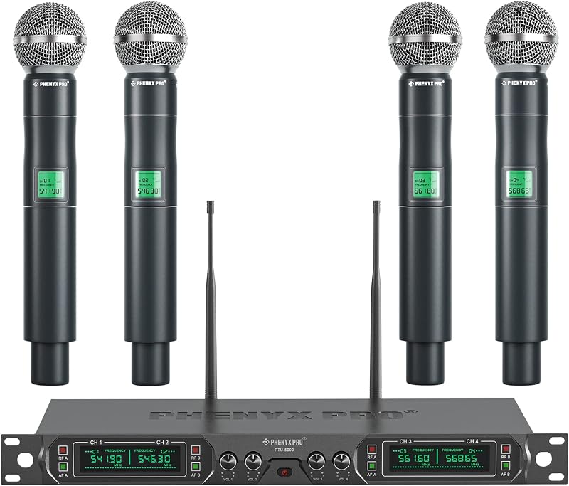 Phenyx Pro PTU-5000A Vezeték Nélküli Mikrofon Szett - 4 Csatornás UHF Kézi Mikrofon Rendszer Karaokéhoz, Rendezvényekhez, 260 Méteres Hatótá