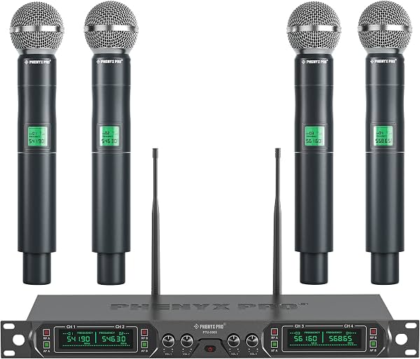 Phenyx Pro Sistema de Micrófonos Inalámbricos UHF de 4 Canales de Frecuencia Fija PTU-5000-4H | 4 Micrófonos Dinámicos de Mano, Construcción de Metal, Alcance de 80 metros, Canto, Servicios Religiosos, Voces Grupales, Escenarios Pequeños Conector de 6,35 mm, UHF, XLR