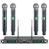 Phenyx Pro Wireless Microphone System, 4-Channel UHF Wireless Mic, Fixed Frequency Metal Cordless Mic with 4 Handheld Dynamic Microphones, 260ft Range, Mics for Singing, Church(PTU-5000-4H)