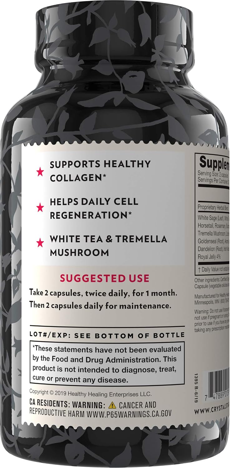 Crystal Star Beautiful Skin Supplement (60 Capsules) - Herbal Skincare for Natural Plant-Based Collagen and Daily Rejuvenation – White Tea, Tremella Mushroom, White Sage & Sarsaparilla - Non-GMO