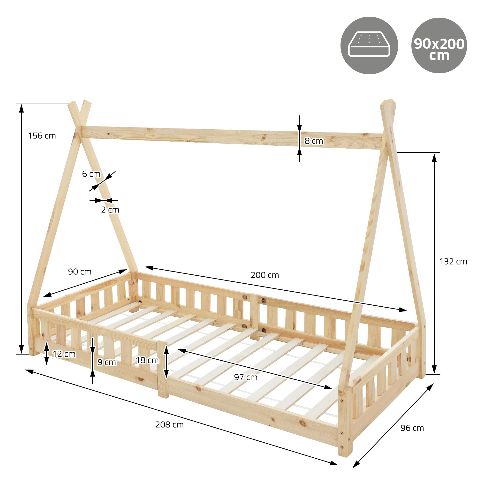 ML-Design Lit d'enfants Tipi 90x200 cm Naturel avec Protection Antichutes et Sommier à Lattes, Bois de Pin, Style Indien pour Filles/Garçons, d'Intérieur avec Clôture, Maison d'enfant Tente de Jeu