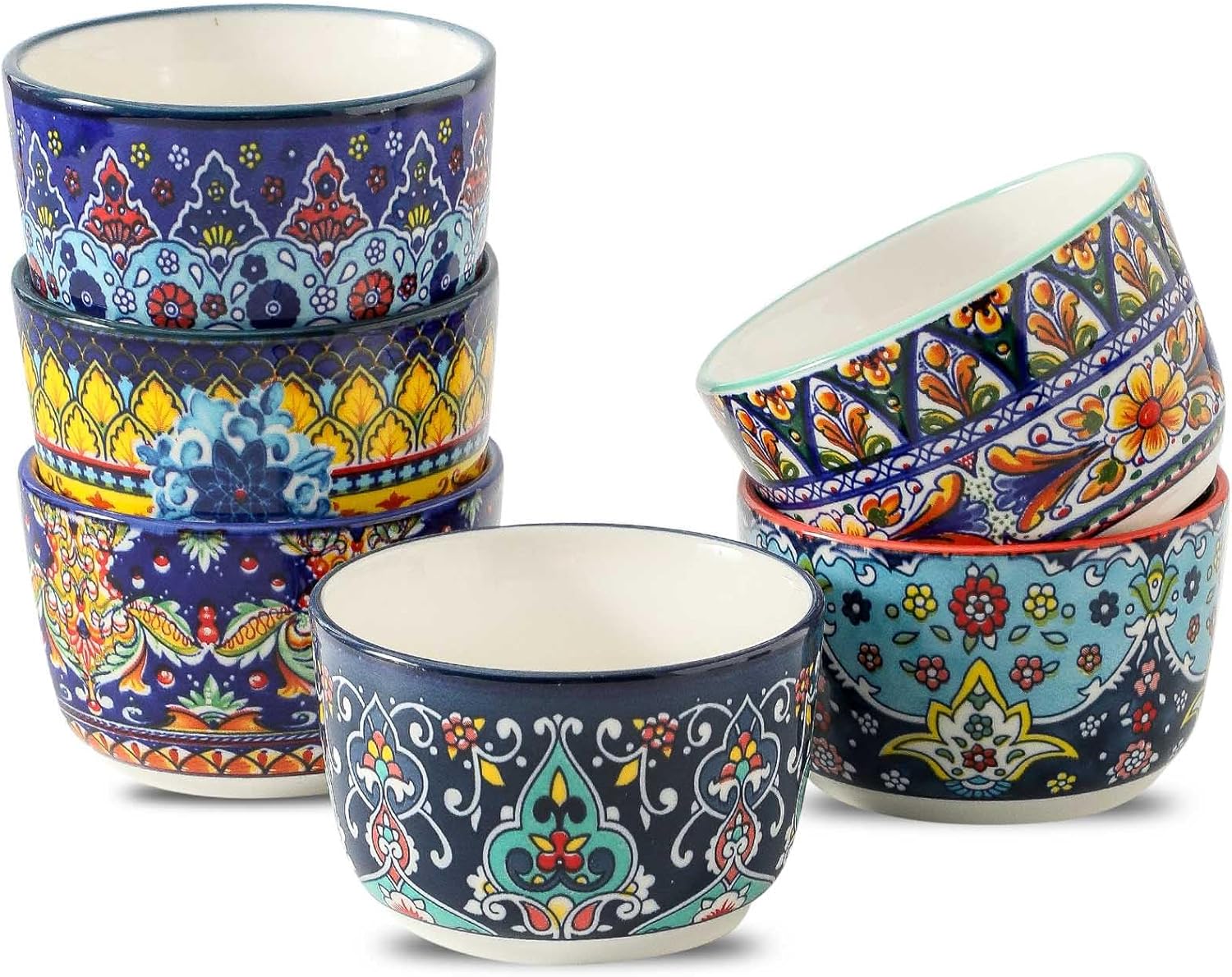 Glowworm 8 Oz Ramekins Set of 6, Ceramic Creme Brulee Ramekins, Colorful Souffle Dishes for Snacks, Ice Cream, Pudding Custard Cups for Baking, Oven & Dishwasher Safe, Bohemian