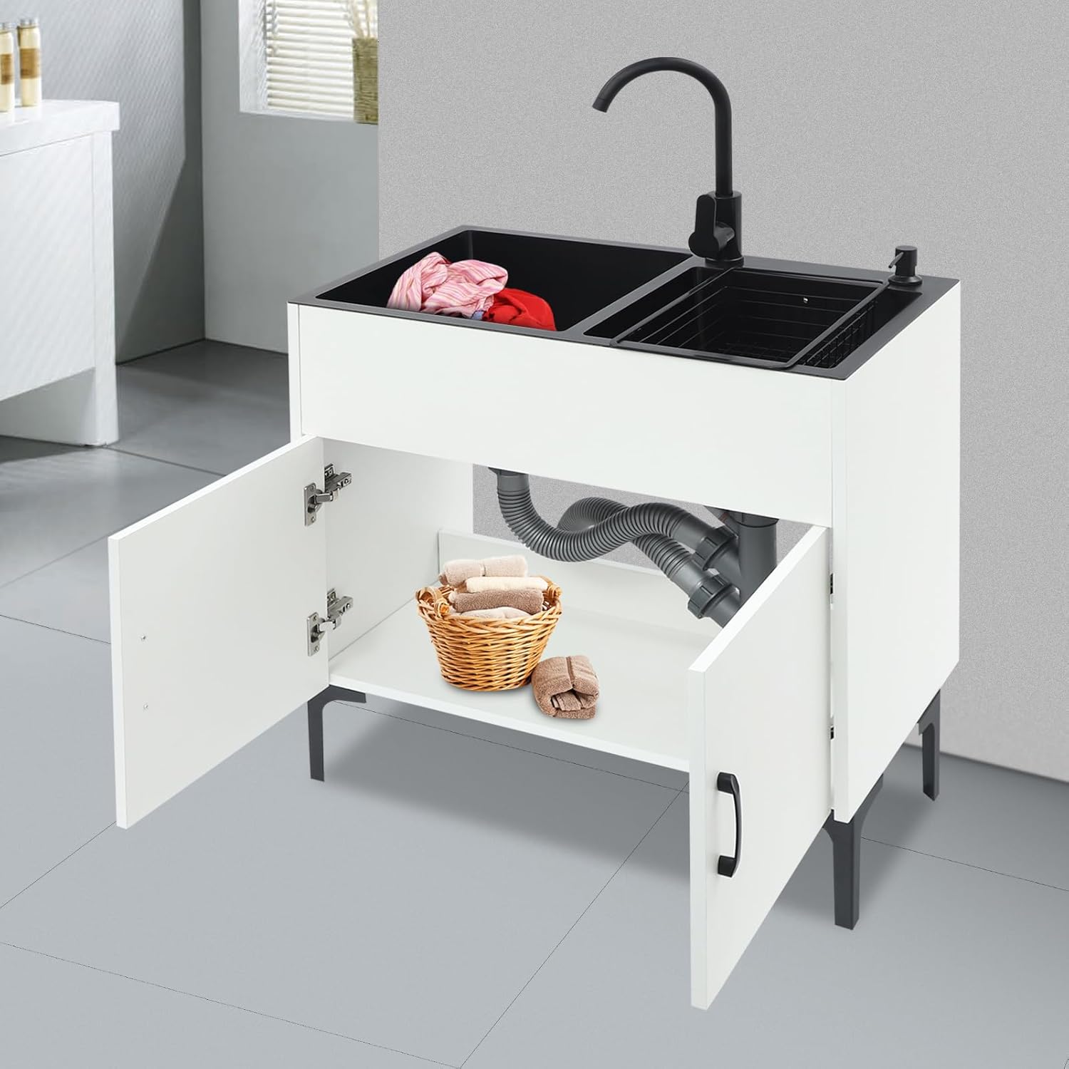 TFCFL 29.53 Inch Laundry Sink Cabinet with Faucet,Stainless Steel Utility Sink with Draining Basket,Freestanding Sink Cabinet Combo for Laundry Room Utility Room Bathroom Kitchen (White)
