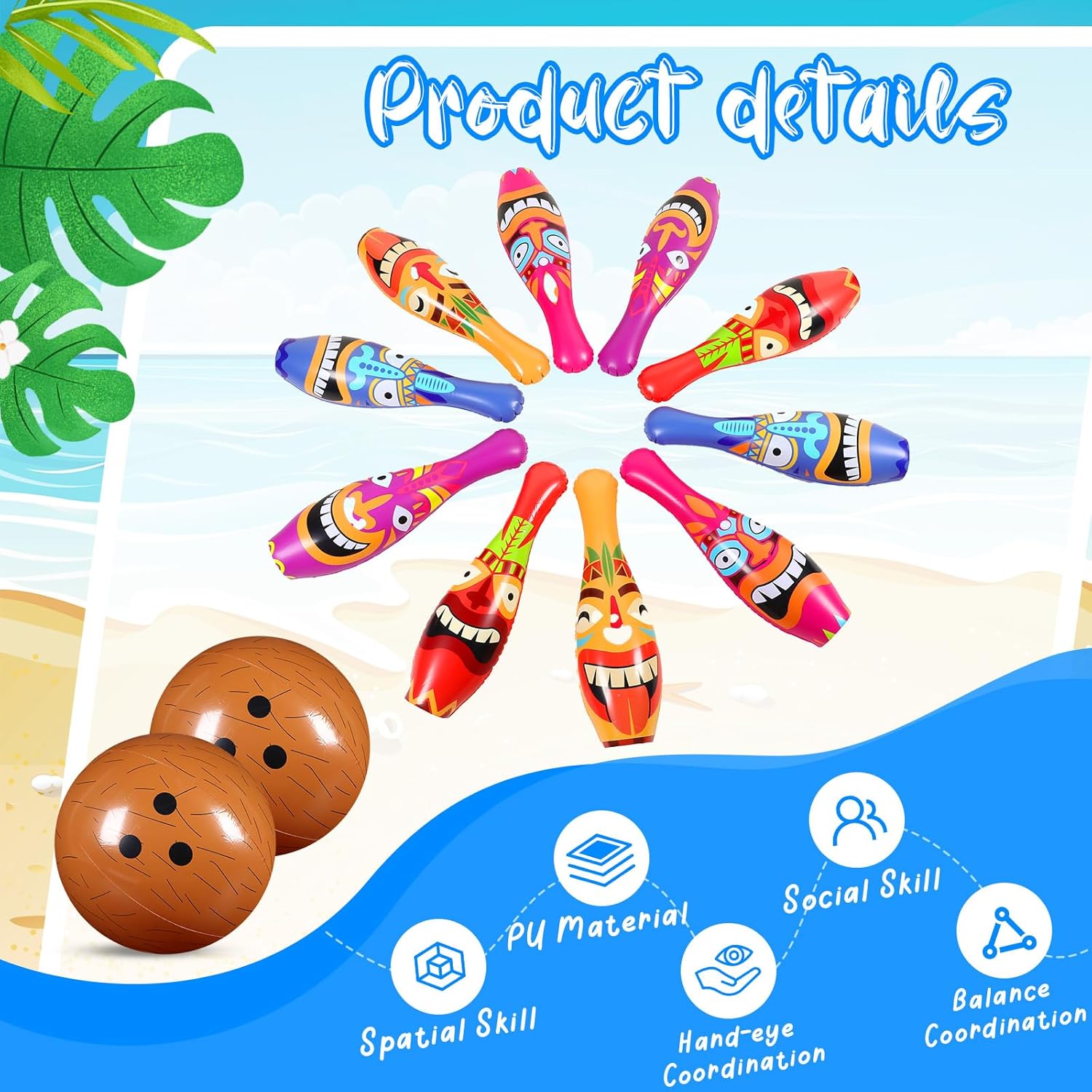 12 Pcs Bowling Set, 10 Soft Pins and 2 Cocout Balls for Kids Toddlers Tropical Hawaiian Luau Summer Birthday Party Games Indoor Outdoor Activities (Tiki)