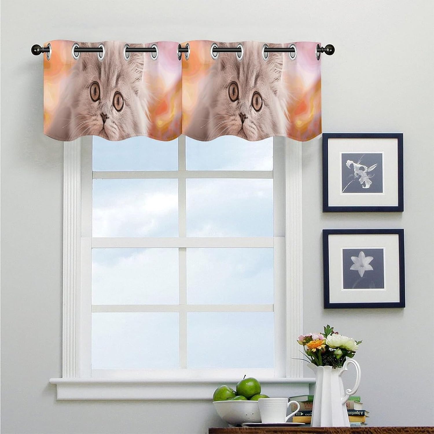 Light Gray Cat Valance for Windows, 2 Pack Kitchen Curtains Modern Home Decor, Soft Blackout Window Curtains for Living Room & Bedroom, 18 X 52 Inch