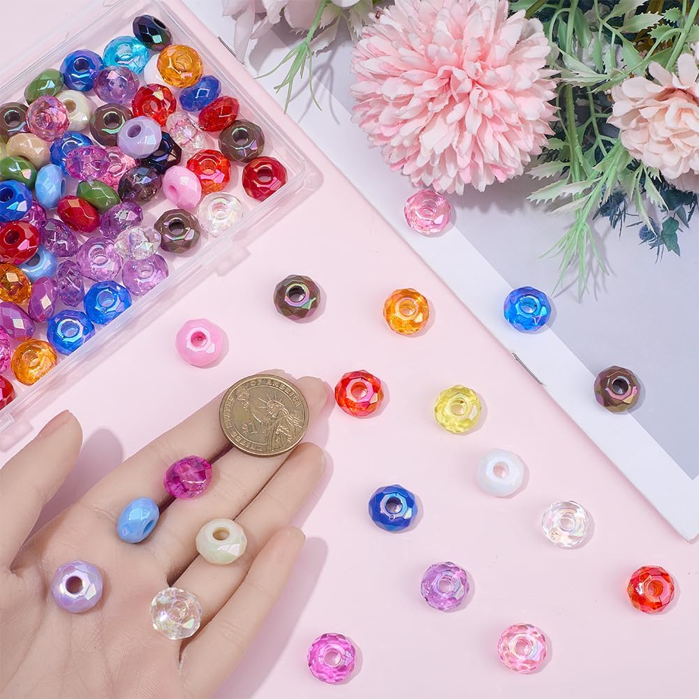 SUNNYCLUE 1 Box 100Pcs Acrylic Rondelle Beads Large Hole European Bead Bulk Iridescent Faceted Flat Round Abacus Charms Loose Spacers for Jewelry Making Bracelet Necklace Earring Craft Making Supplies - Image 3