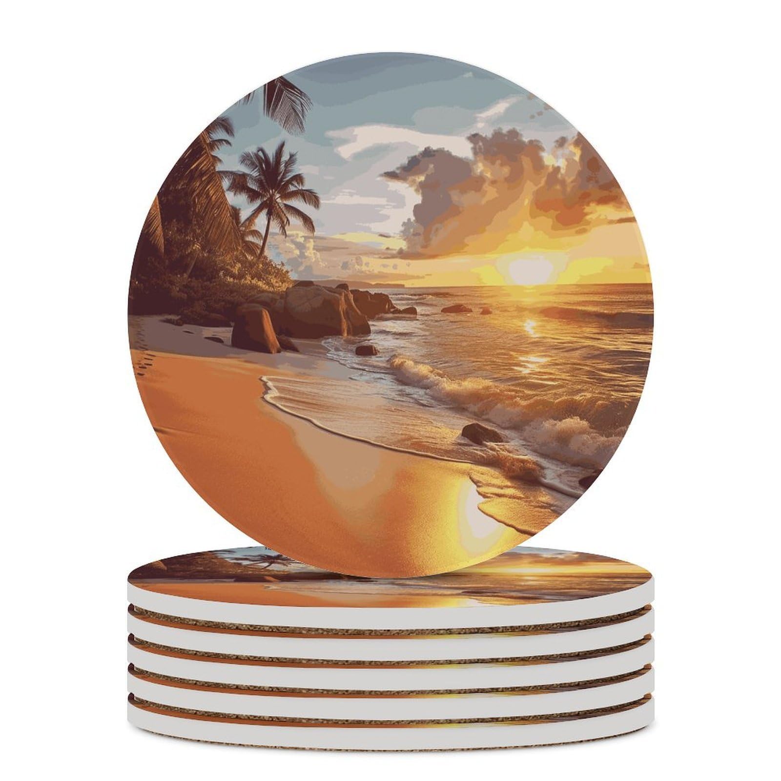 Tropical Beach at Sunset Coaster with Cork Base Drink Coasters for Coffee Table Decor Modern Cup Coasters with Non-Slip & Heat-Resistant Cute Ceramic Table Coaster for Home Dining