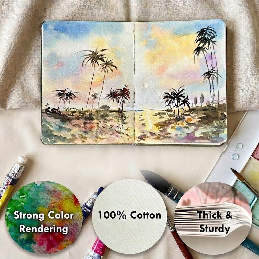 tumuarta Carnet de croquis aquarelle, 19,1 x 12,7 cm, 63,5 kg, 300 g/m², papier 100 % coton, presse à froid, 24 feuilles, 48 pages, journal aquarelle à utiliser comme carnet de croquis de voyage et