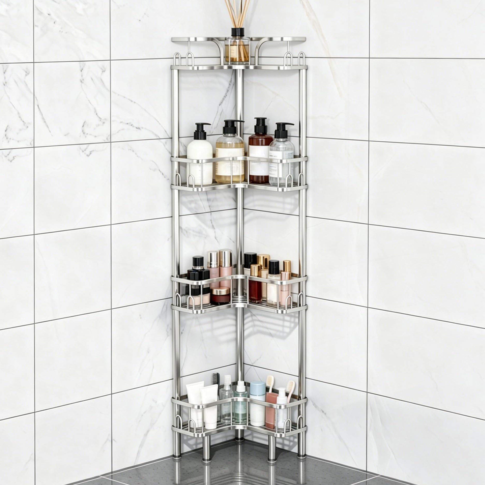 Adjustable Corner Shower Caddy No Drill Bathroom Floor-standing Shelf Unit
