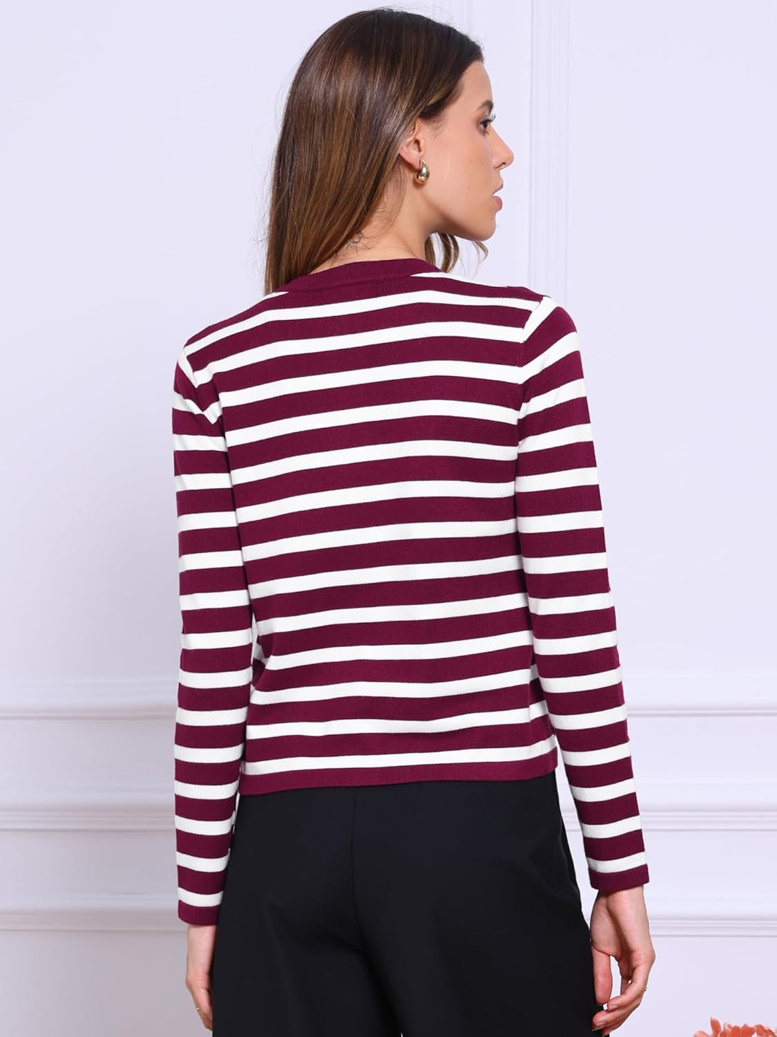 Allegra K Striped Cardigan Sweaters for Women's Lightweight Crew Neck Button Down Knit Jackets - Image 2