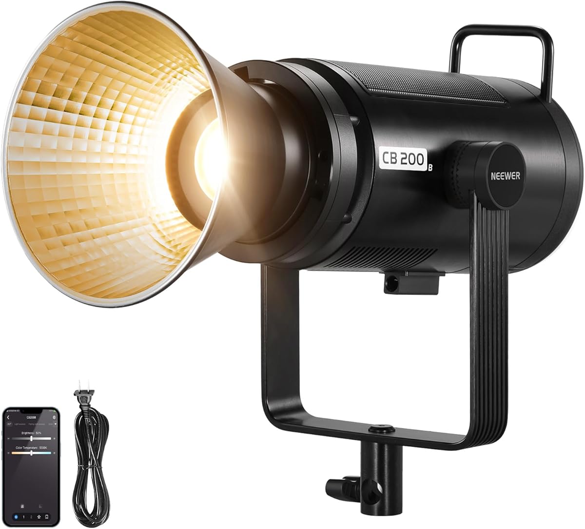 NEEWER CB200B 210W LED Video Light with 2.4G/APP Remote Control, All Metal Bi Color COB Continuous Output Lighting with Bowens Mount 90000Lux/1m 2700K-6500K CRI/TLCI97+ 12 Effects for Video Recording