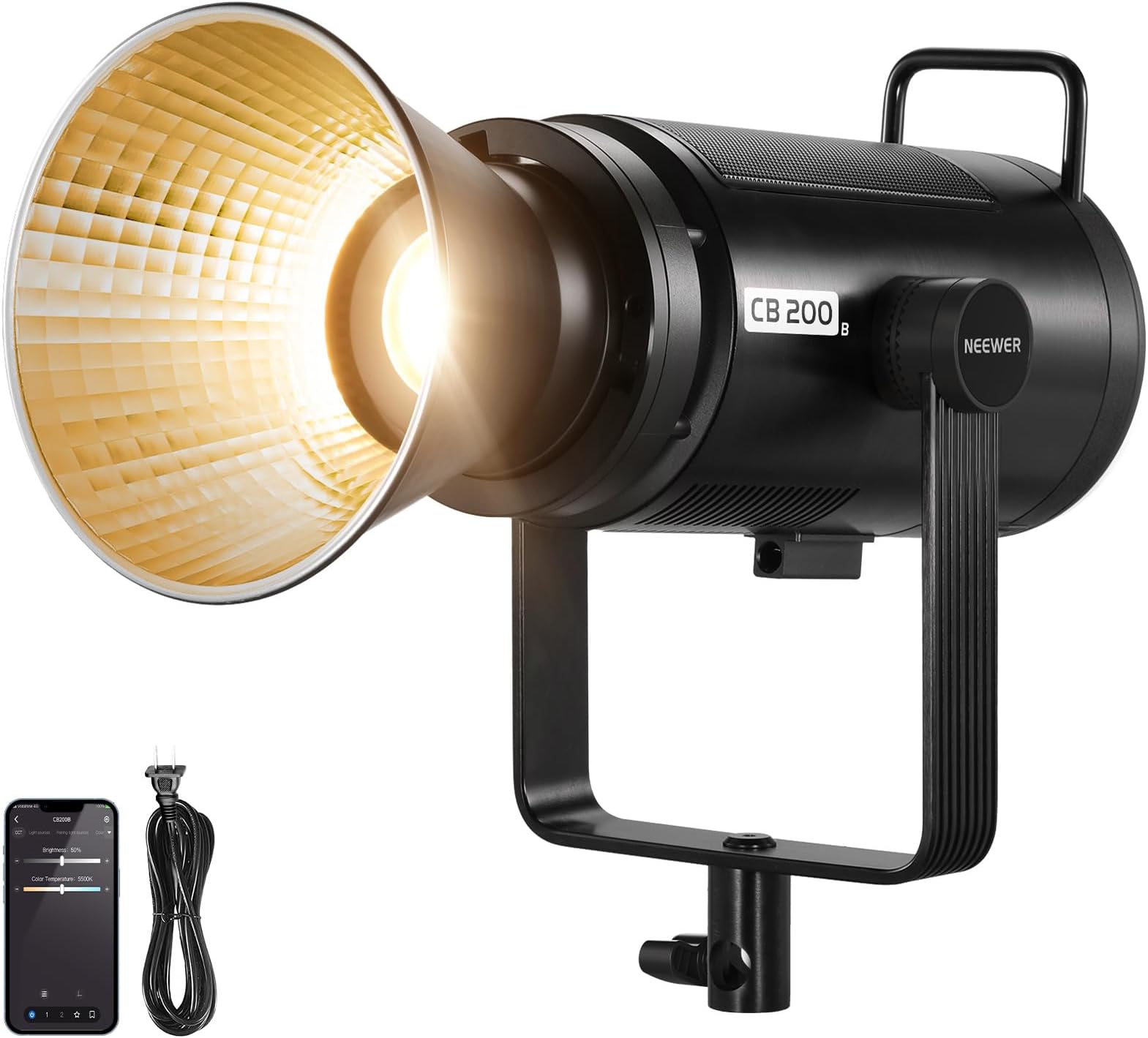 CB200B 210W LED Video Light with 2.4G/APP Remote Control, All Metal Bi Color COB Continuous Output Lighting with Bowens Mount 90000Lux/1m 2700K-6500K CRI/TLCI97+ 12 Effects for Video Recording