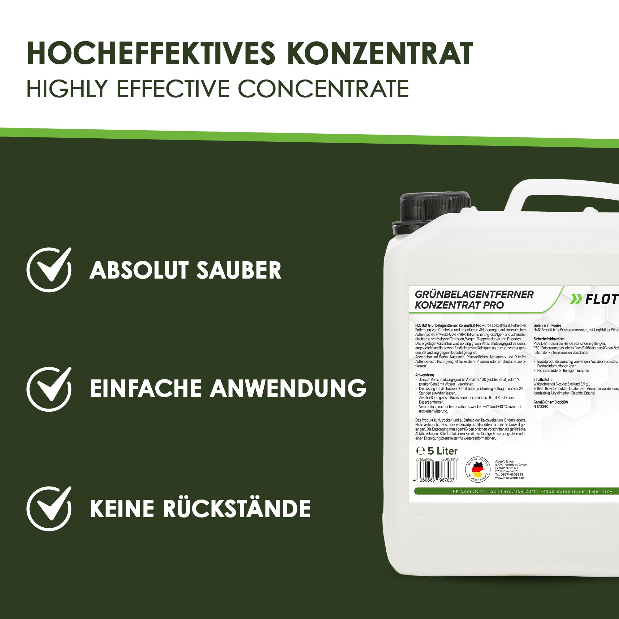 Grünbelagentferner Konzentrat Pro 1x5 Liter | Moosentferner entfernt Flechten, Algen & Grünspan | Steinreiniger Intensiv Aussen für Pflastersteine, Terrasse & Beton