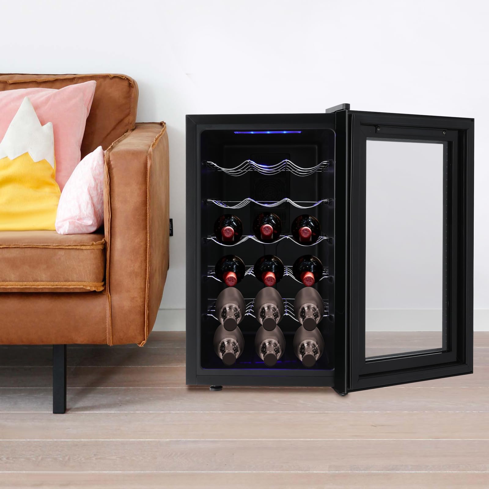 Weinkühlschrank mit Glastür 18 Flaschen 46 Liter 12–18°C LED-Beleuchtung leise