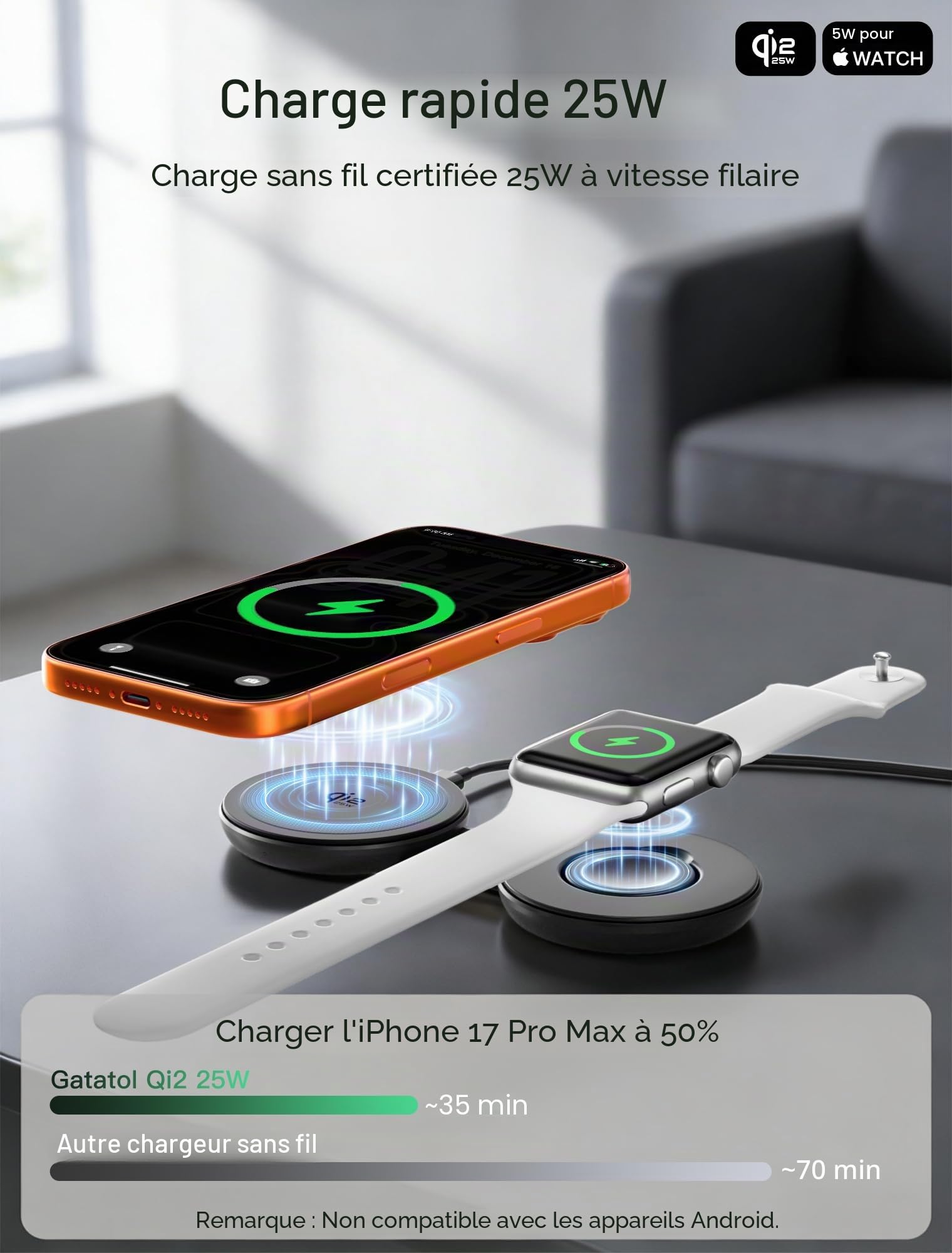 Station de Charge magnétique sans Fil 2 en 1, Chargeur Rapide Qi2 25 W, Pliable, Compatible avec Mag-Safe pour iPhone 17e/17/16/15/14/13/12/Air, Apple Watch Ultra/Series 1–11, AirPods 4/3/2/Pro