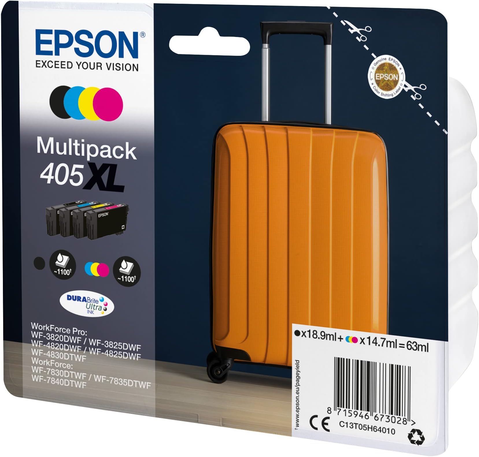 405XL Suitcase High Yield Genuine Multipack, 4-Colours Ink Cartridges, DURABrite Ultra Ink, Amazon Dash Replenishment Ready
