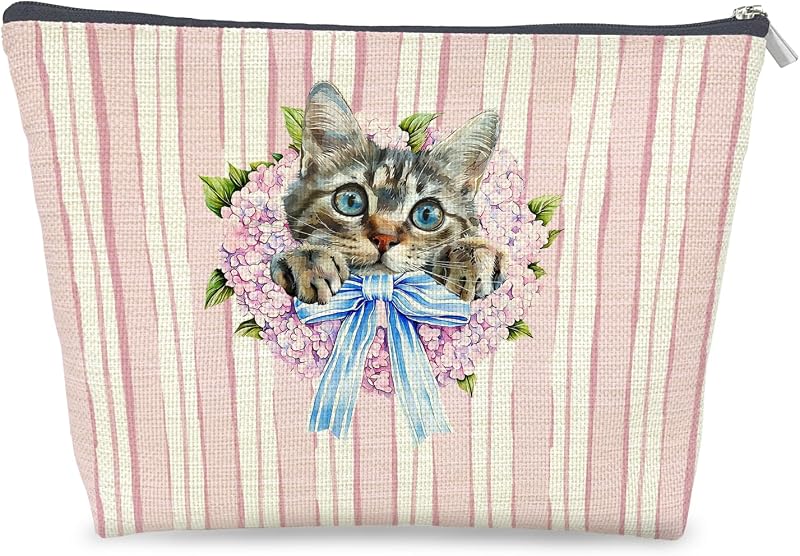 Necessaire de maquiagem LRWHDFW com estampa de gato e laço azul, modelo Color-Cat Lover gift 02