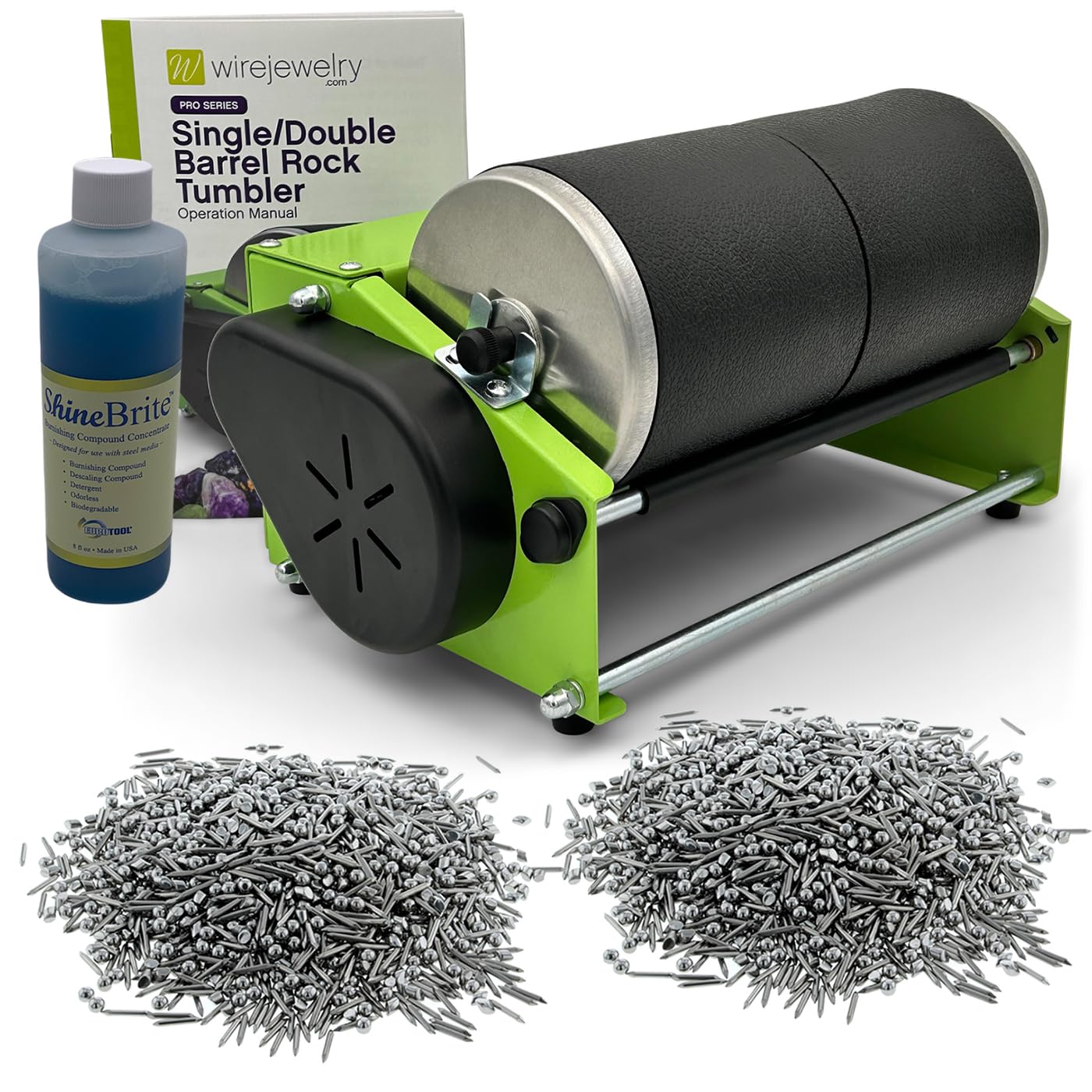 WireJewelry Pro-Series Double Barrel Tumbler, Jewelry and Metal Polishing Kit, Includes 2 Pounds of Jewelers Mix Shot and 8 Ounces of Shinebrite