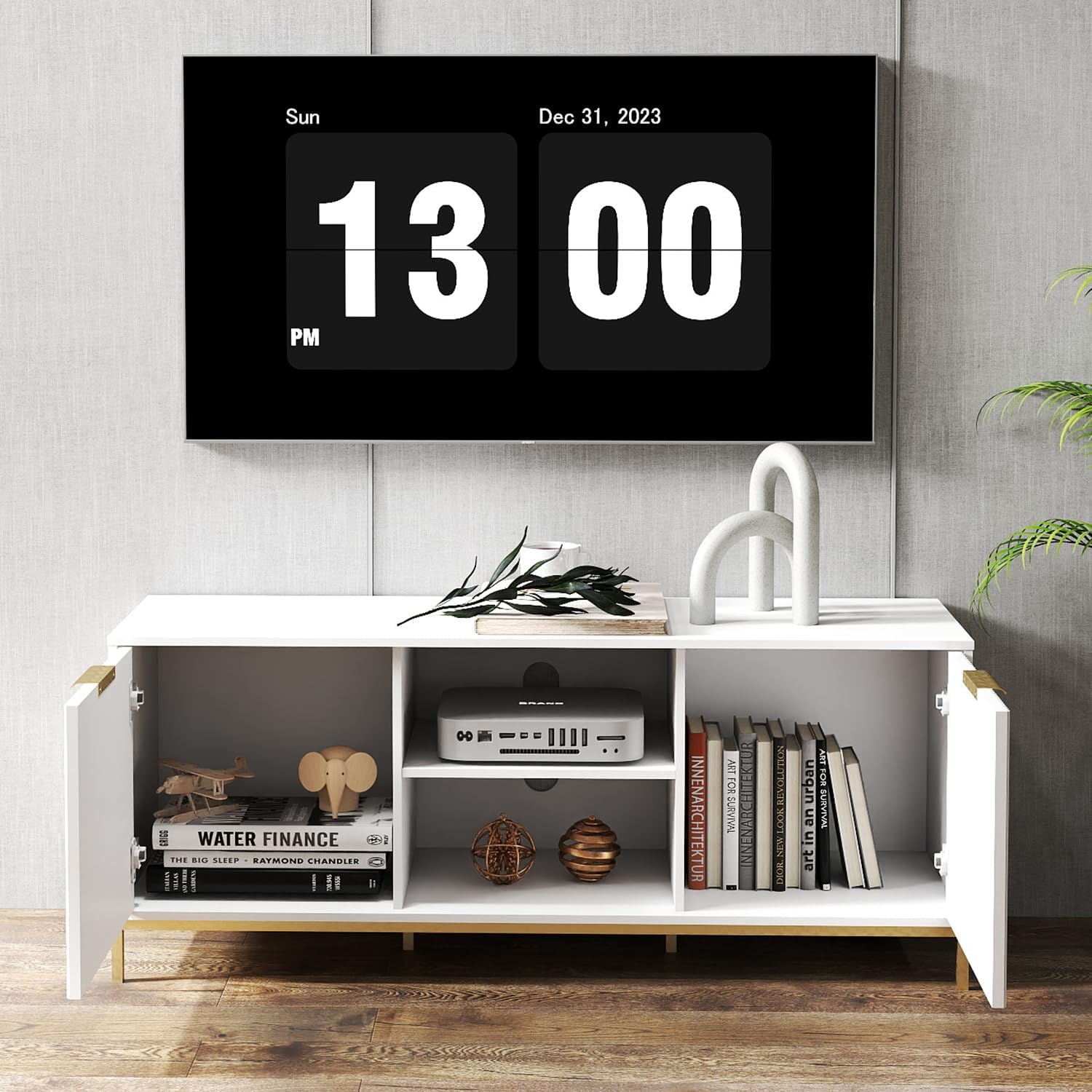47'' Modern White TV Stand for 65 Inch TV, Mid Century Modern Fluted TV Console, Farmhouse Entertainment Center with Storage Cabinet for Living Room, Bedroom, Gold Metal Legs