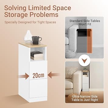 SoBuy Slim Bedside Table 20cm Wide with 2 Drawers & Open Shelf for Bedroom | Narrow Wooden Bedside Cabinet, Compact Nightstand & Space-Saving Side Table for Living Room, White, W20xD35xH60cm, FBT149-WN