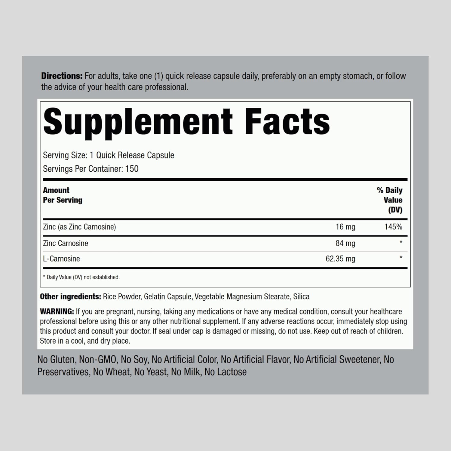 Piping Rock Zinc Carnosine Supplement | 84mg | 150 Capsules | Non-GMO, Gluten Free