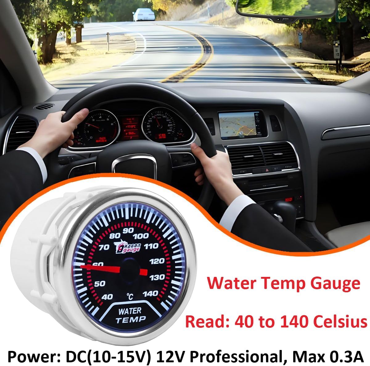 Car Water Temp Gauge 2" 52mm Auto Water Temperature Gauge Meter Celsius Pointer Gauge 12V Bright Light Indicator Meter Smoke Len 40 to 140 Celsius