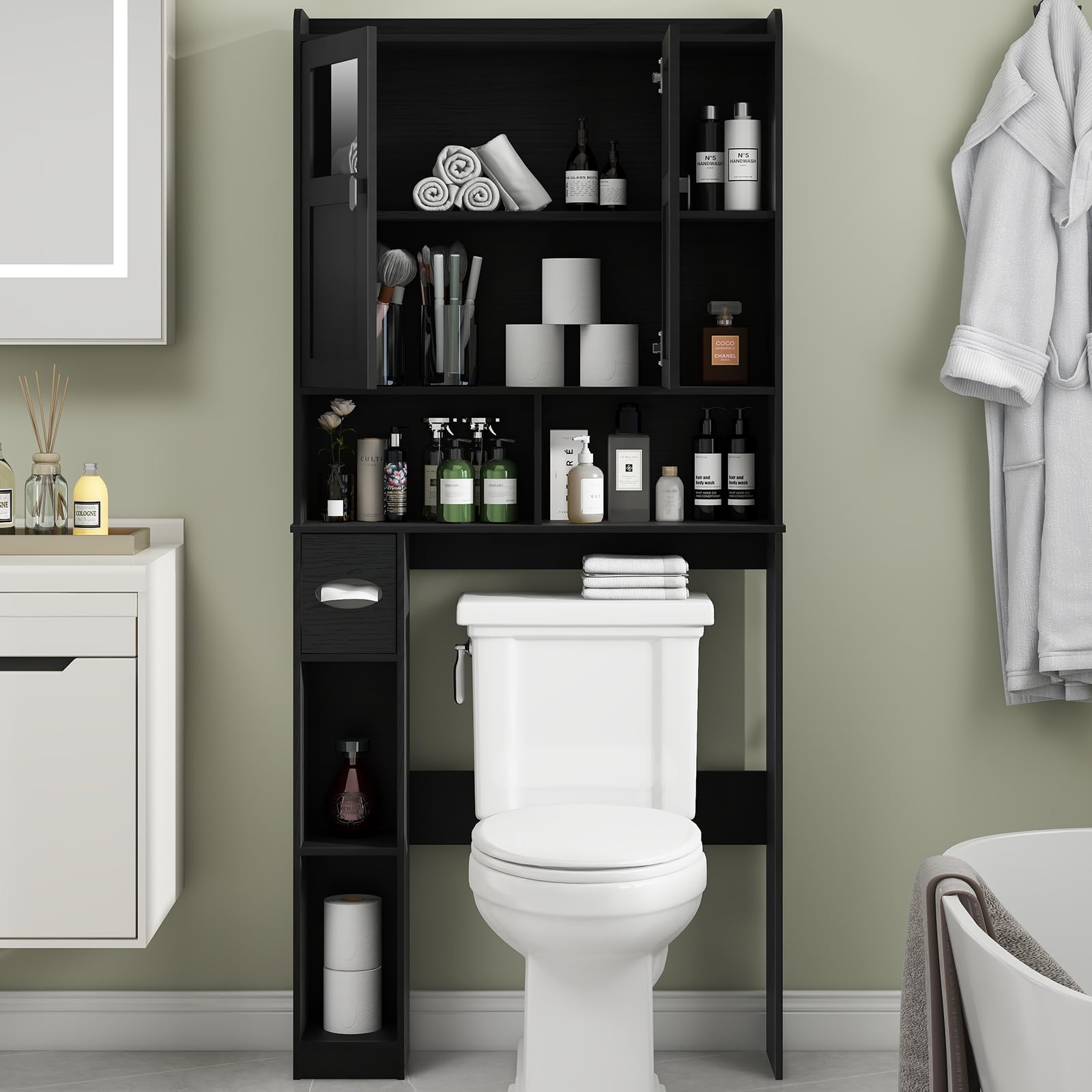 Vabches Over The Toilet Storage Cabinet, Bathroom Shelf Over Toilet with Glass Doors and Adjustable Shelves, Black Freestanding Home Space Save Toilet Rack, for Restroom, Bathroom, Laundry