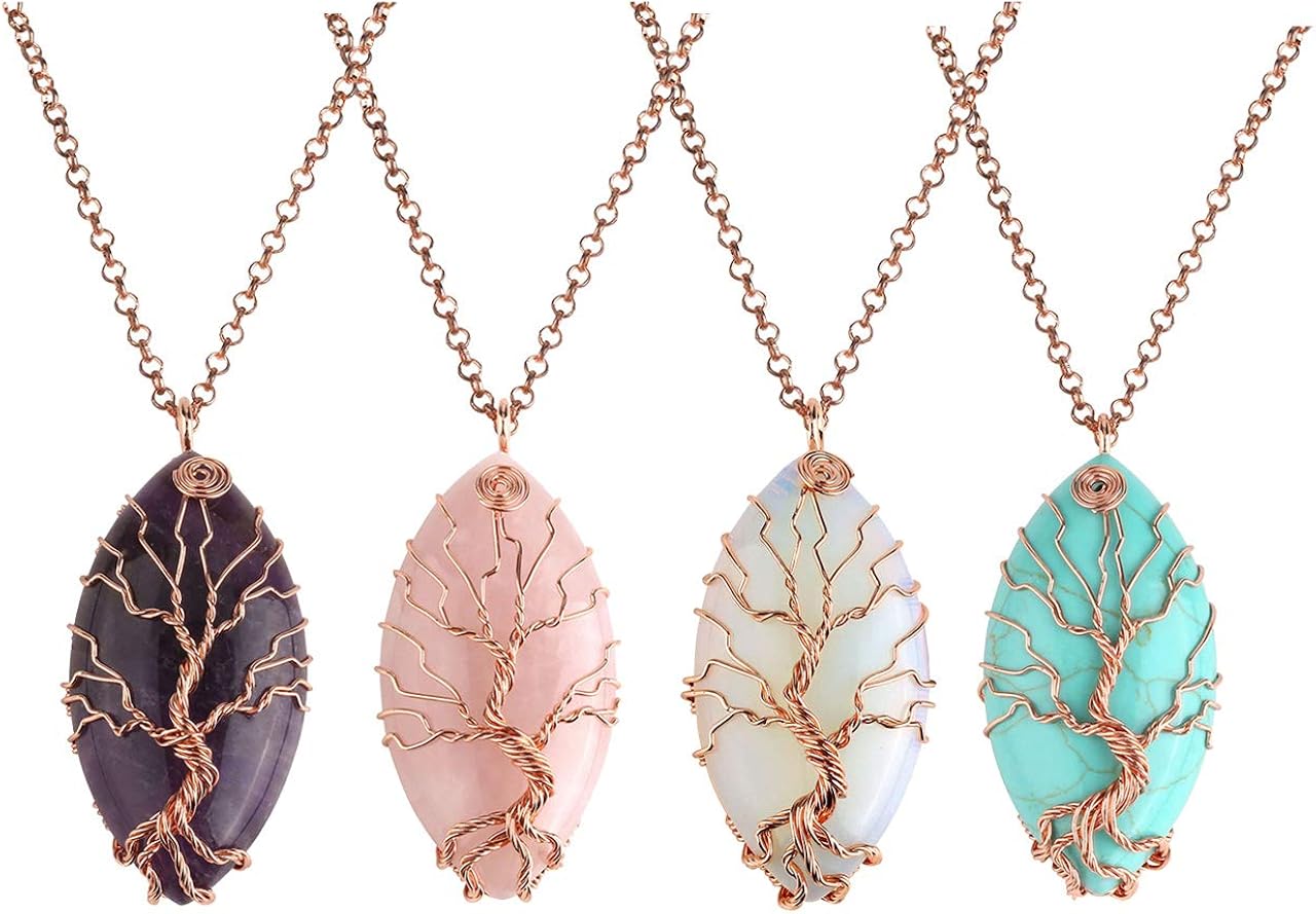 Jovivi Vintage Teardrop/Heart Natural Gemstones Healing Crystal Stone Necklace Wire Wrapped Copper Tree of Life Chakra Pendant for Women Men Mother's Father's Day Gifts