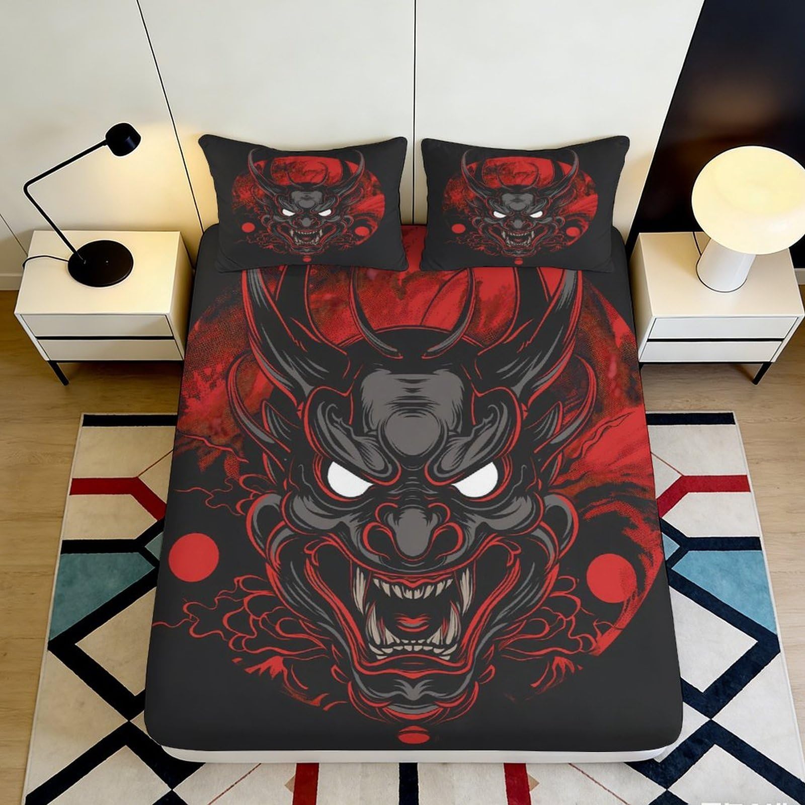3D Printed Demon Wolf Fitted Sheet Microfiber Deep Pocket Bedroom Bedding Set Demon Wolf Mattress Fitted Cover Washable Mattress Protection 200x200x25cm 90x200x25cm
