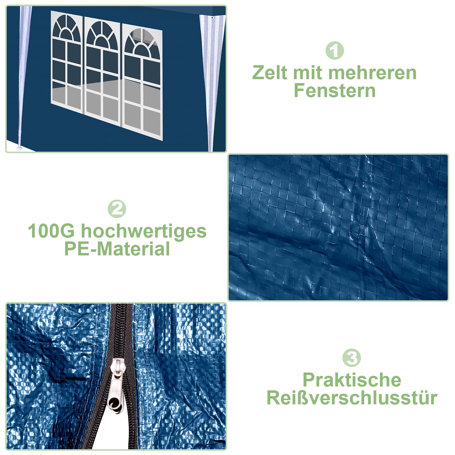 Gazebo da giardino, 3 x 3 m, impermeabile, resistente ai raggi UV, 100 g/m², di alta qualità, in PE, con 4 parti laterali, colore: blu