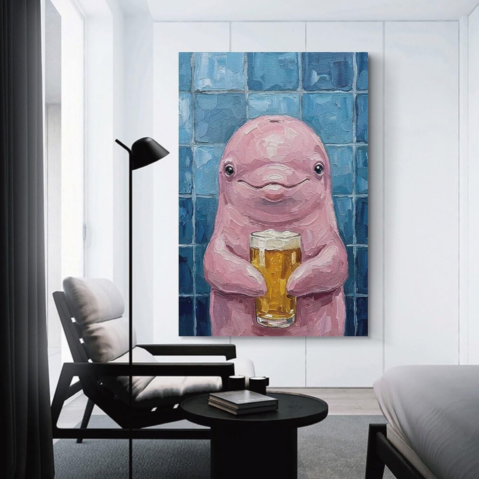 Junmoney Unframe-Style-3 Pink Dolphin With Beer Painting Canvas Wall Picture, 08X12inch(20X30cm), For Study, Office Or Focused Interiors, Home Office Artwork With Decorative Appeal