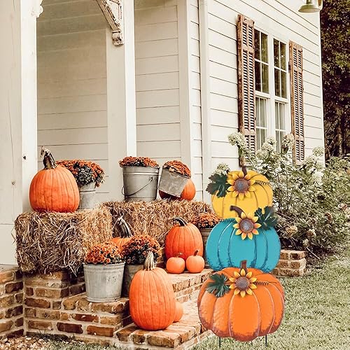 Miniatura 7 de PHITRIC Decoraciones de otoño para el hogar al aire libre, 3 calabazas apiladas, estacas decorativas de jardín para decoración de otoño, letreros