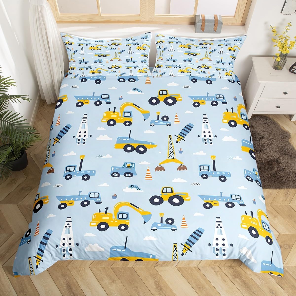 jejeloiu Kids Excavator Duvet Cover Toddler Size, Cartoon Car Bedding Set Boys Girls Construction Vehicles Comforter Cover Teens Bedroom Decor Quilt Cover (No Comforter)