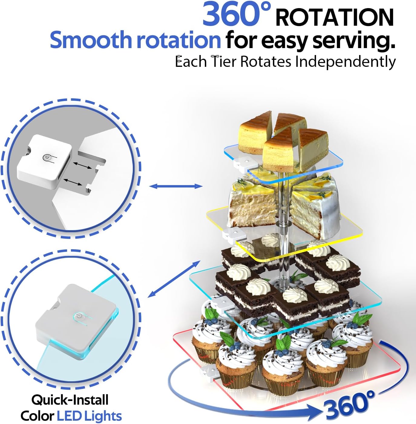 4-Tier Rotating Cupcake Stand with LED Lights - 360° Spinning Display Tower for Desserts, Cakes & Pastries - Rechargeable 7-Color Changing Serving Tray for Weddings, Parties & Festive Gatherings (Clear Acrylic)