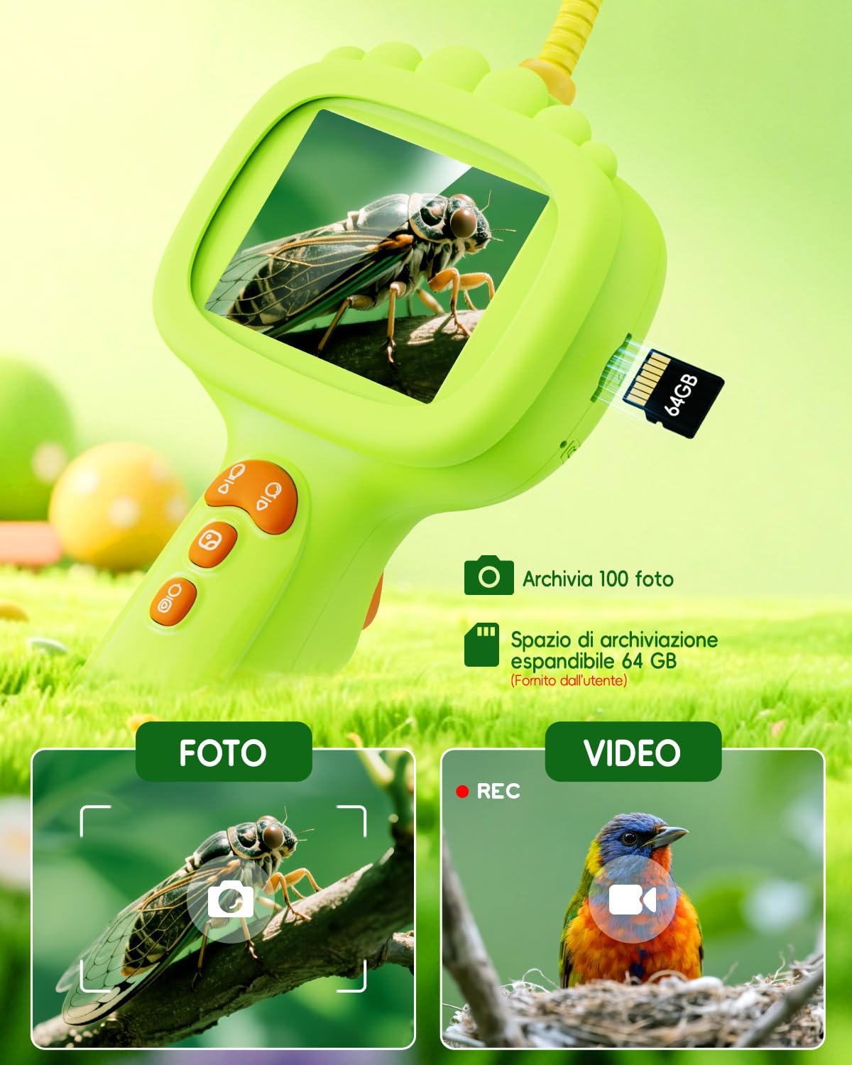 Endoscopio per bambini, Camera bambini 1080P, Gioco STEM per esplorazione all'aperto, giardino, campeggio e natura, Migliori regali di compleanno per ragazzi e ragazze di 4, 5, 6, 7, 8, 9, 10 anni