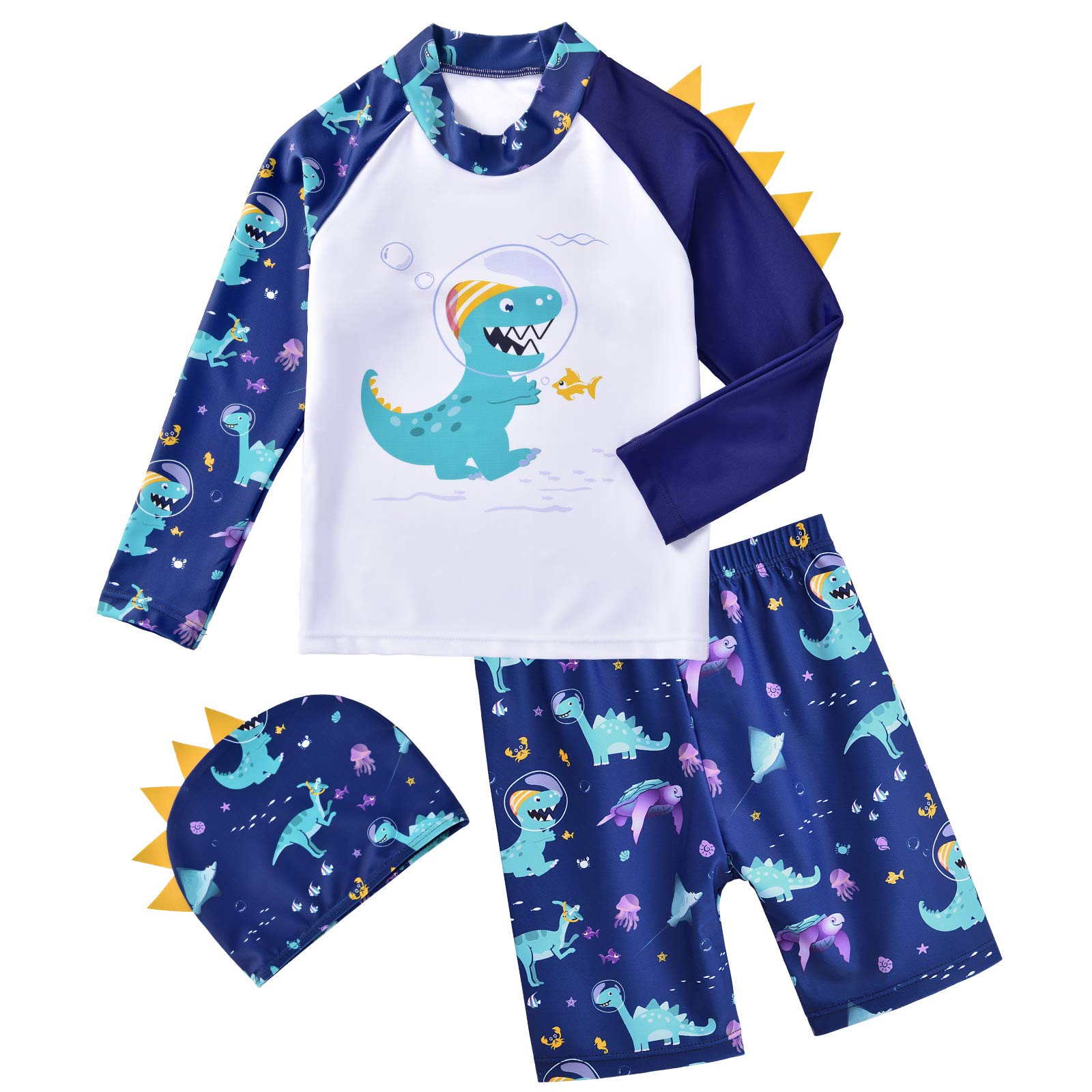 WAWSAM Bañadores para Bebé Niño Dinosaurios Traje de baño de 3 Pieza Rashguard Conjunto
