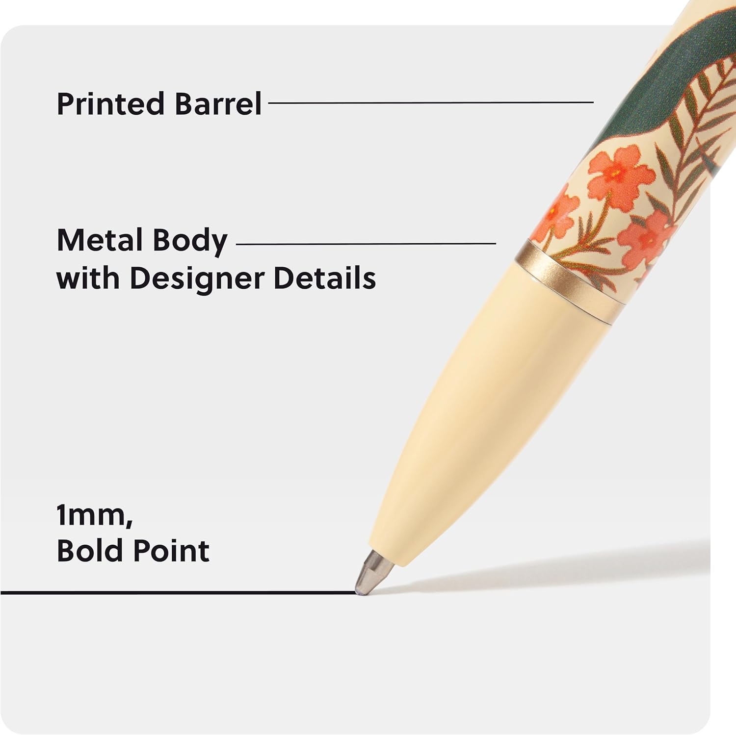 U Brands Monterey Ballpoint Pens, Bold (1.0 mm) Point, Black Ink, Set of 4, Botanical Studies with Gold Details