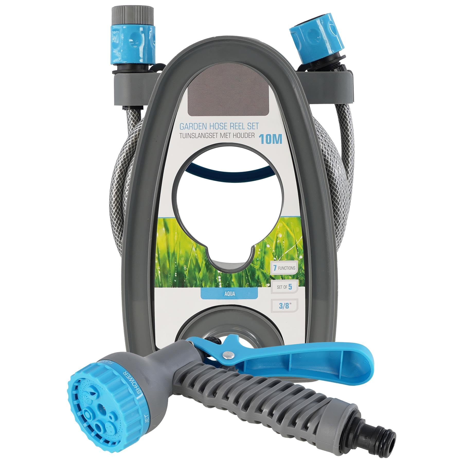 Geezy Garden Hose Pipe Reel & Spray Gun Nozzle Set With 7 Lawn Watering Functions 10M from B&Q