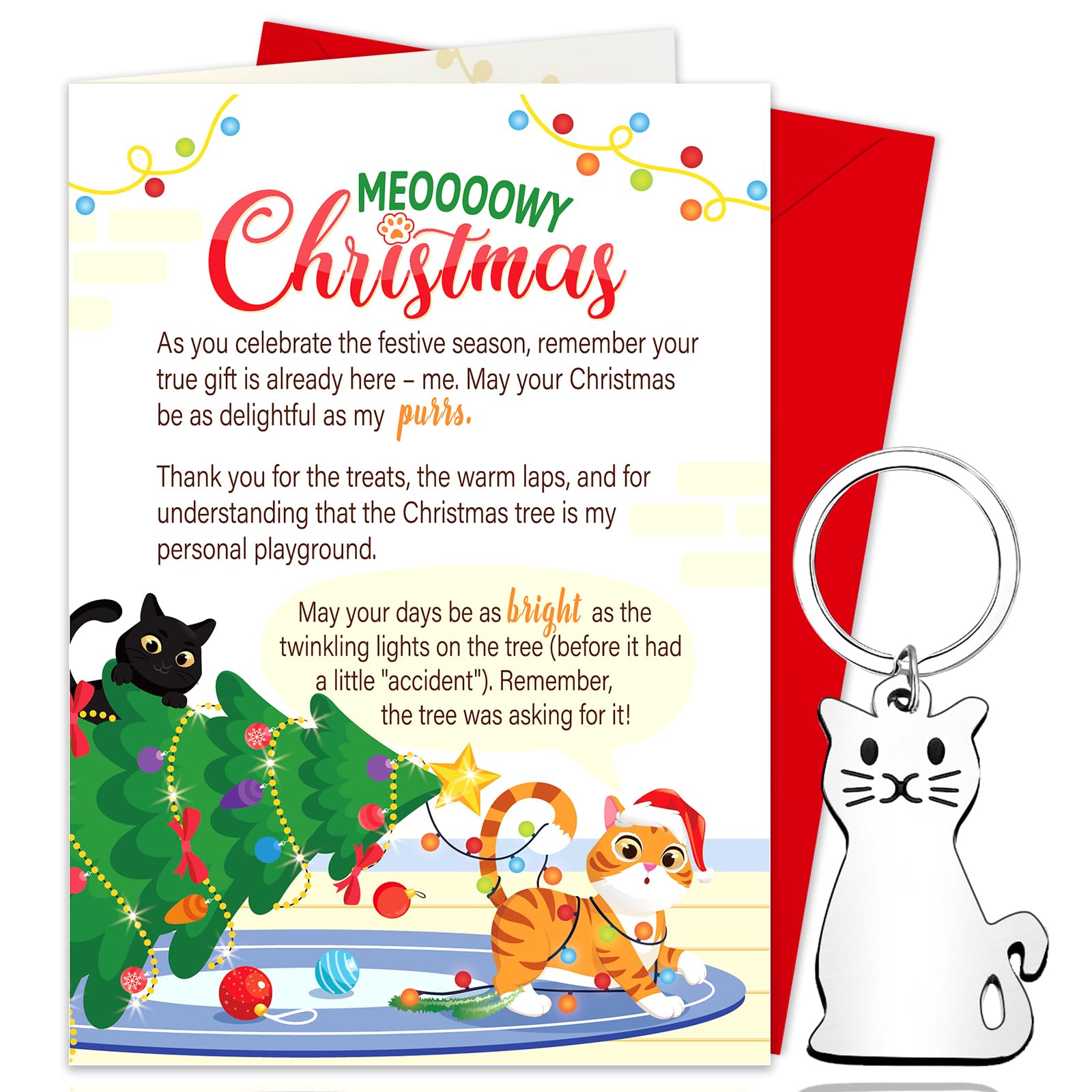 DPKOW Cat Christmas Card Keyring Gifts, Funny Christmas Card from The Cat