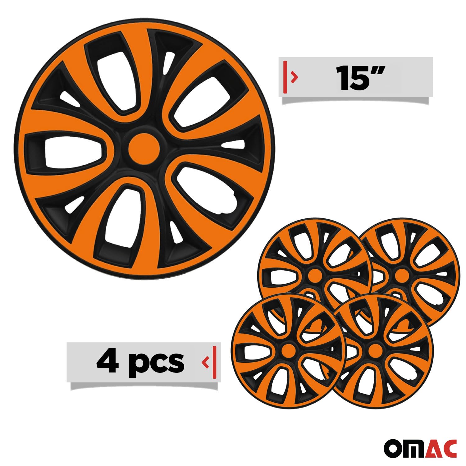 OMAC 4X Radkappen Radzierblenden Radblenden 15" Zoll Stahlfelgen Matt Schwarz-Orange