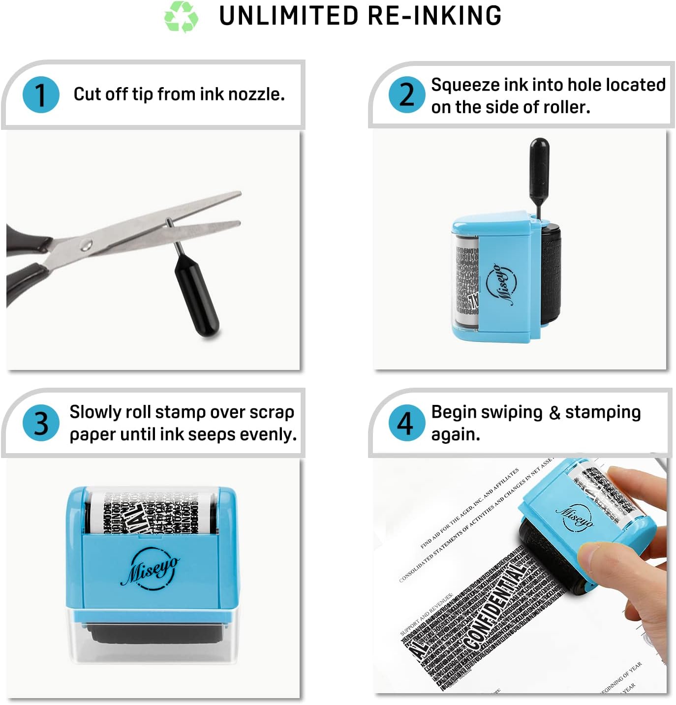 Miseyo Wide Roller Stamp Identity Theft Stamp 1.5 Inch Perfect for Privacy Protection - Blue