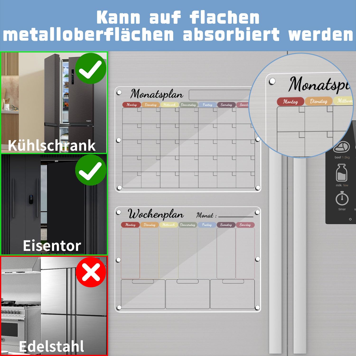2 Stück Wochenplaner Abwischbar, Acrylic Magnettafel Kühlschrank, Monatsplaner Abwischbar, Wochenplaner Magnetisch Kühlschrank, Deutsch Farbdruck Acrylic Transparent Planungstafeln (40x30cm)
