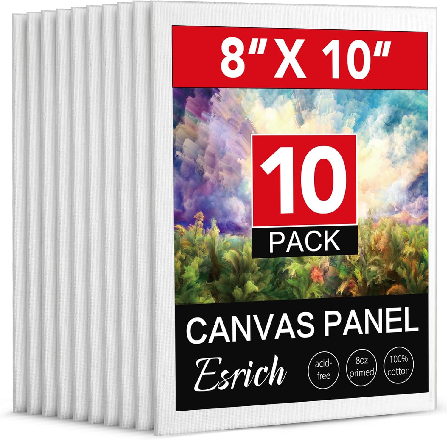 ESRICH 10 Pack 8x10 Primed Canvas Boards - Acid-Free Cotton Panels for Acrylic, Oil, Watercolor & Gouache Painting