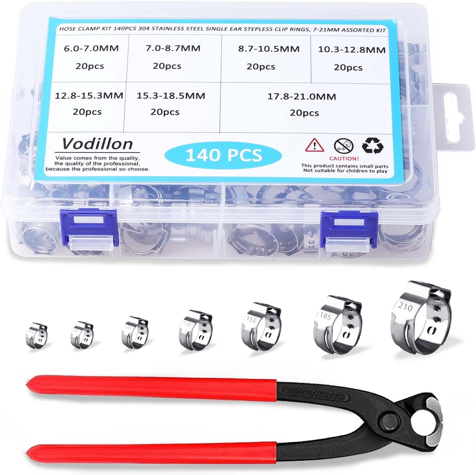 304 Stainless Steel Single Ear Stepless Hose Clamps Cinch Rings Crimp Pinch Fitting 140Pcs 7-21mm (140pcs+Tool)