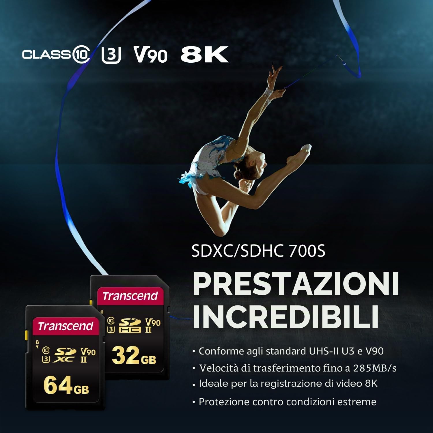 Transcend Scheda di memoria SDXC 700S da 64 GB UHS-II, C10, U3, V90, 8K, Ultra HD, fino a 285/180 MB/s, progettata per fotocamere DSLR e videocamere avanzate - TS64GSDC700S
