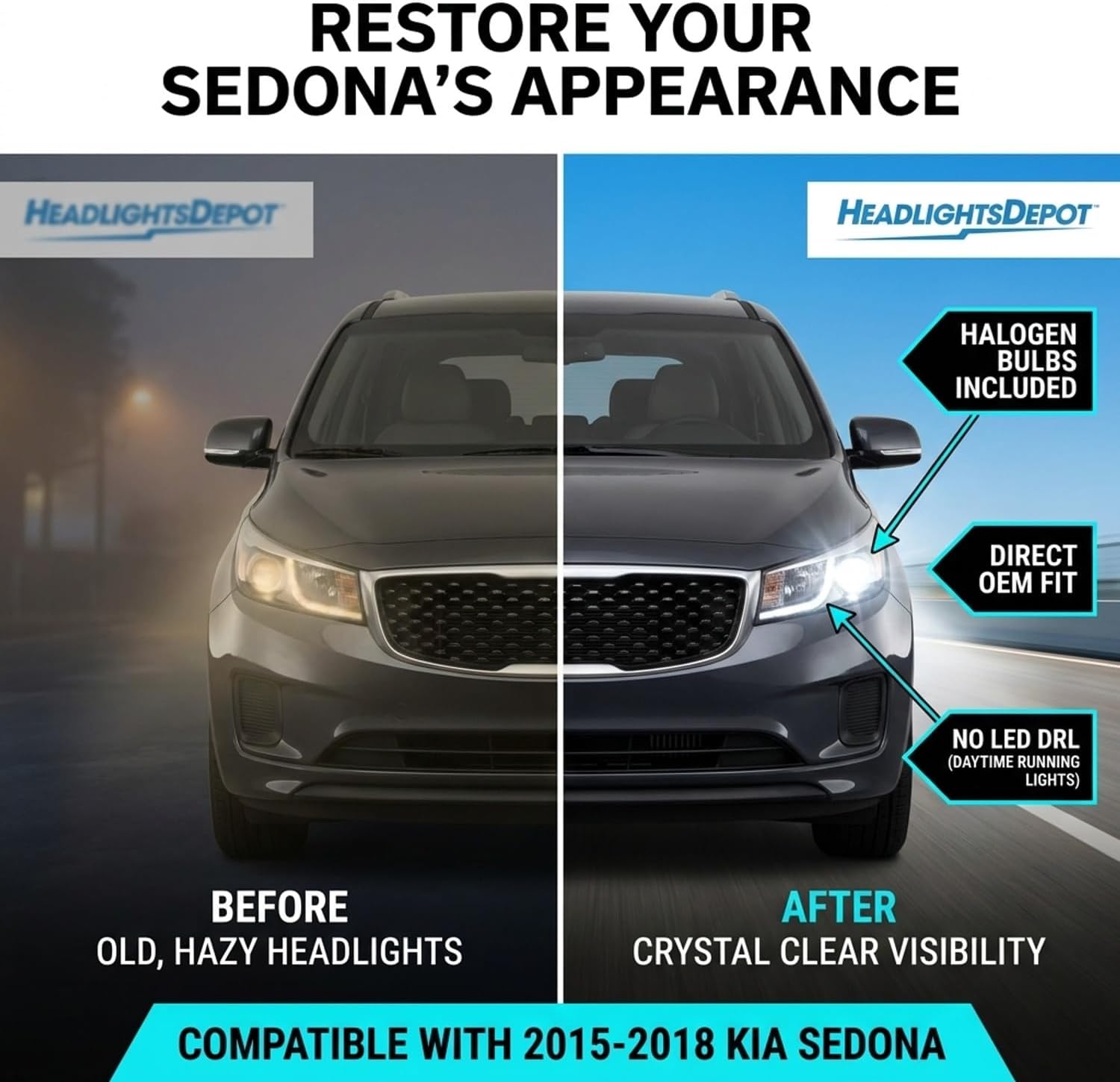 HEADLIGHTSDEPOT Left And Right Halogen Headlight Set Compatible With Kia Sedona 2015-2018 CAPA Certified