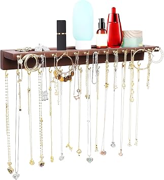 YYILIS Necklace Holder, Upgraded Extra Large Wall Necklace Organizer with 30 Hooks Wall Mounted Necklace Hanger with Jewelry Tray/Cosmetics Shelf Rustic Pine Wood Holder Walnut