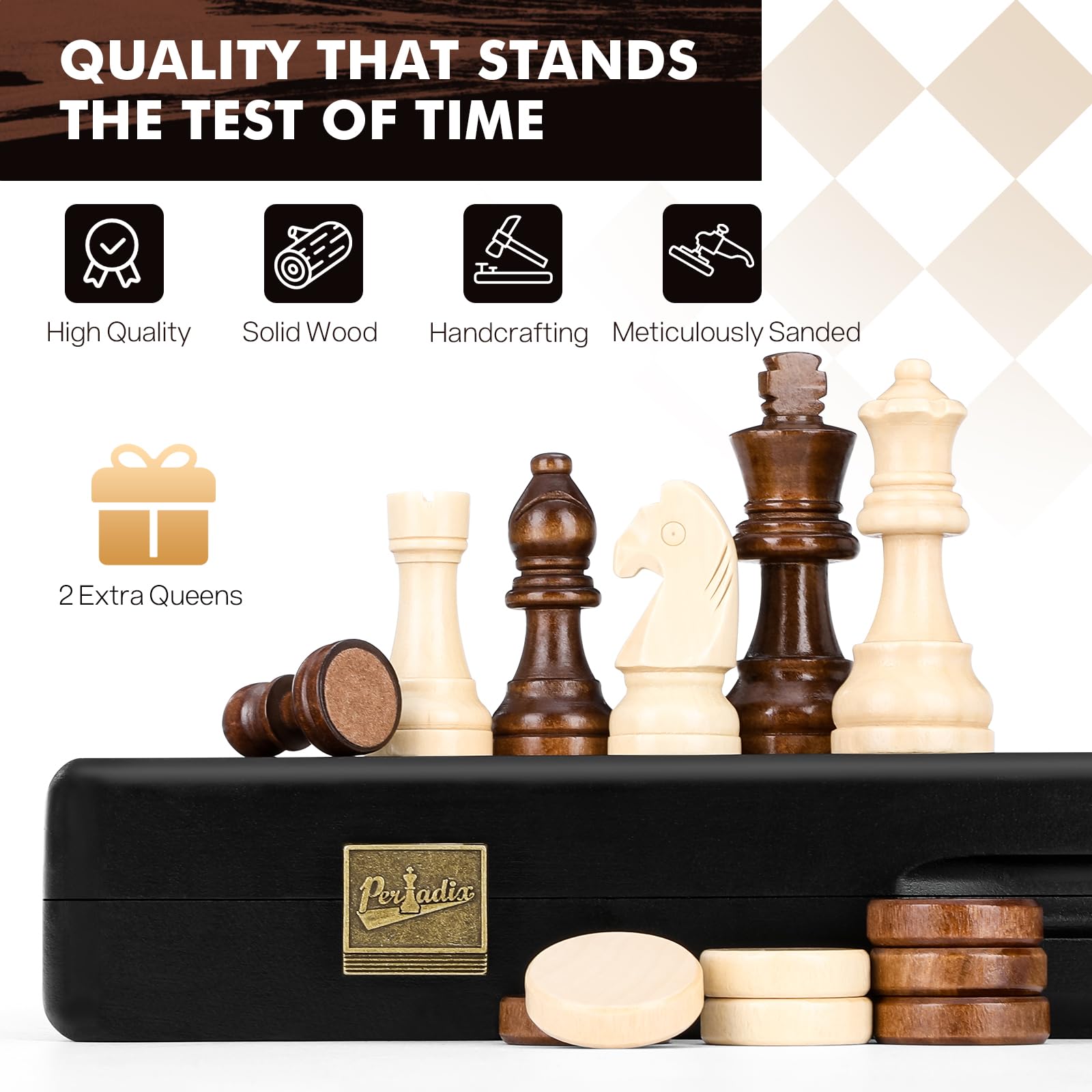 Peradix 38CM Schachspiel Holz Hochwertig - 2 In 1 Magnetisch Schachbrett Holz, Reiseschach für Kinder und Erwachsene, Naturholzfarben, Schachspiel & Checkers Set