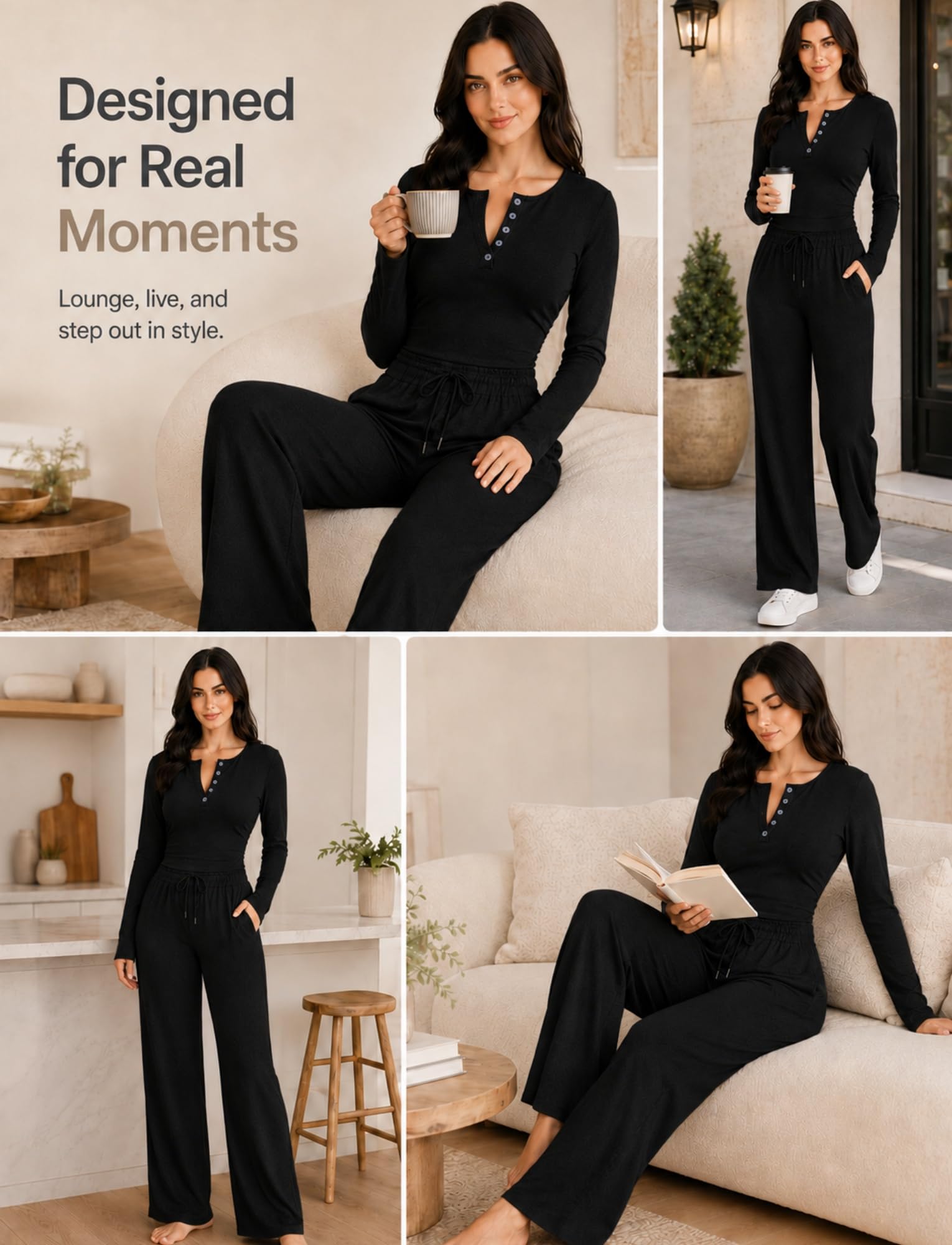 Ensemble De Pyjama Femme Deux Pièces Loungewear À Col V Et Taille Ajustée Confortable pour La Maison